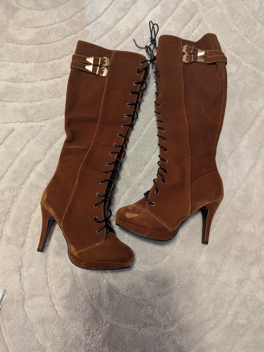 Brown Lace-Up High Heel Knee Boots with Gold Buckle Accent